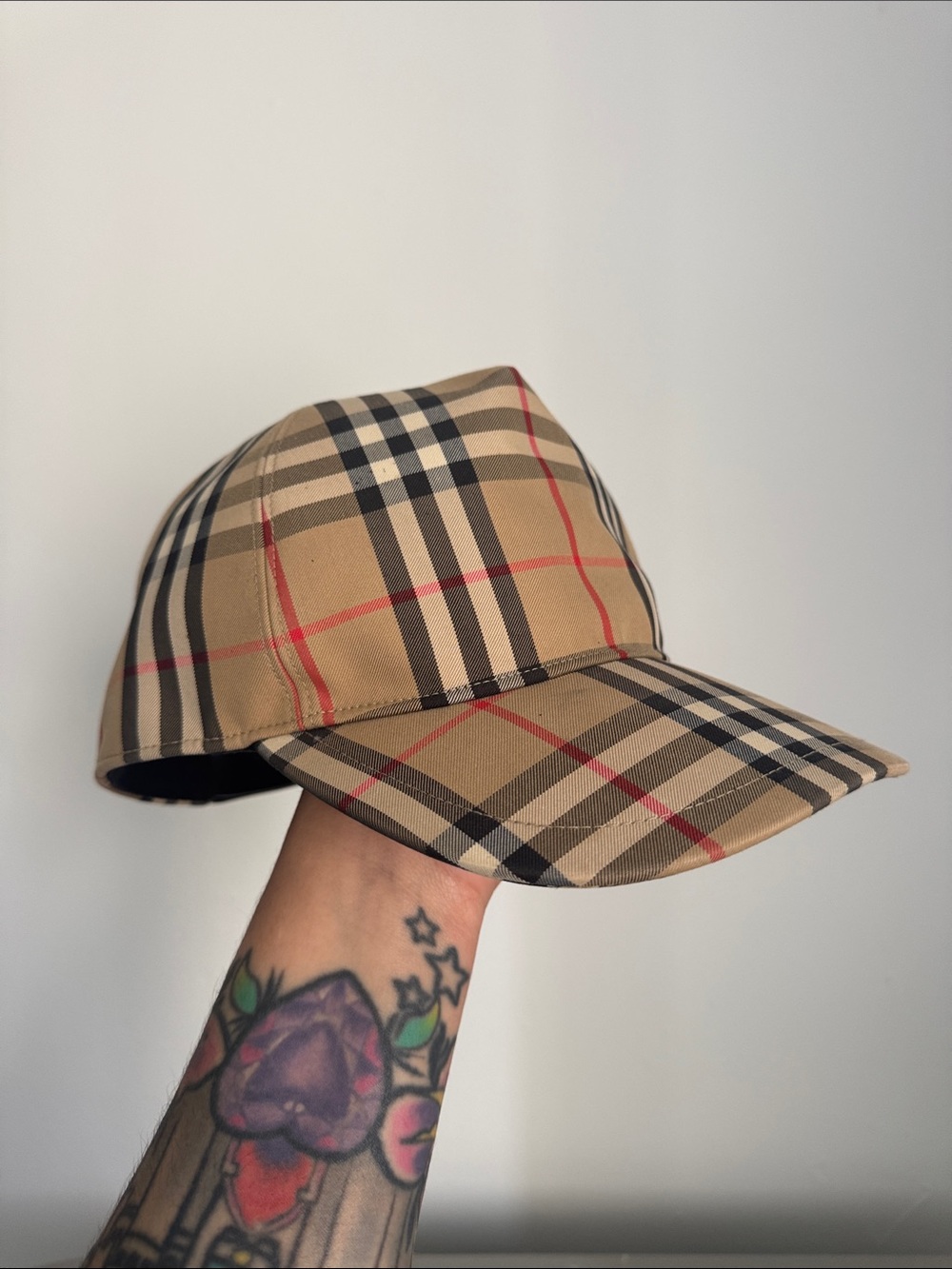 Burberry Tan Plaid Baseball Cap with Black & Red Accents